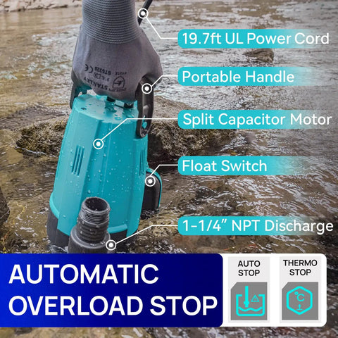 Heavy Duty Half Horsepower Submersible Sump Pump With Float Switch Drains Up To 2411GPH At 3ft Lift 16ft Vertical outdoor use
