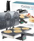Piccolo Non Stick Electric Pizzelle Baker Makes 4 Mini Italian Cookies At Once; grey with intricate patterned plates.
