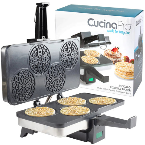 Piccolo Non Stick Electric Pizzelle Baker Makes 4 Mini Italian Cookies At Once; grey with intricate patterned plates.