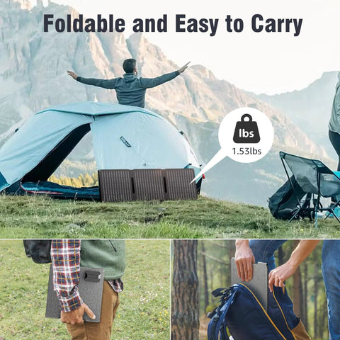 Compact 30W Foldable Solar Panel Charger With DC USB C USB A Outputs next to tent, easy to carry, 1.53 lbs weight