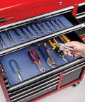 Red tool chest with Adhesive-Backed Absorbent Mat For Industrial Floors, Grippy Surface That Stays Put, 16 W X 25 Ft L, Blue.