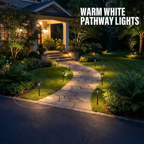Low Voltage Pathway Lights 6 Pack Outdoor Landscape Lighting 12V 10W 2700K warm white lighting along a garden walkway
