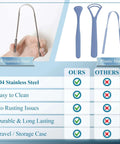 Comparison of stainless steel tongue scraper for adults 2 pack with multicolor travel case against plastic options, highlighting durability and hygiene benefits.