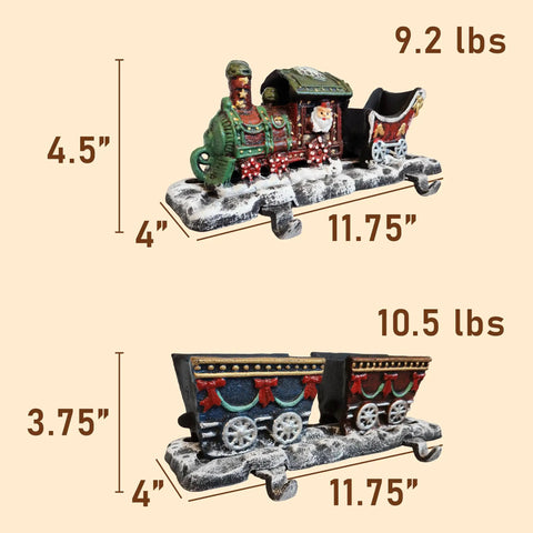 Top Shelf Cast Iron 3D Train Christmas Stocking Holder With Santa Sleigh And Four Rail Carts Six Stocking Hooks on display.