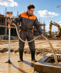 Heavy Duty Battery Powered Stick Water Pump With Three Speed Adjustable Motor used for drainage on a construction site.