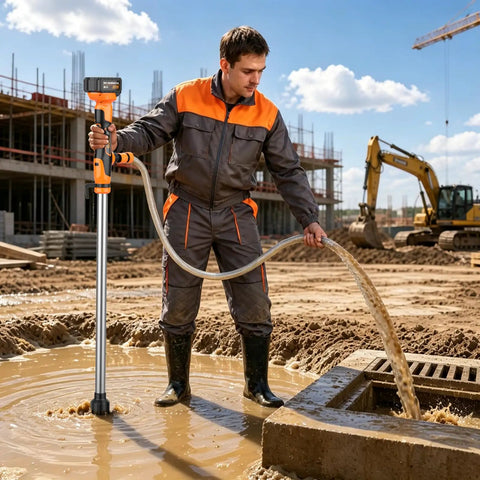 Heavy Duty Battery Powered Stick Water Pump With Three Speed Adjustable Motor used for drainage on a construction site.