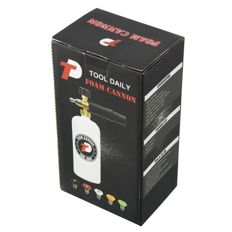 Box packaging of Adjustable Foam Cannon With One Quarter Inch Quick Connect, 1 Liter Capacity, Includes Five Pressure Washer Nozzle Tips
