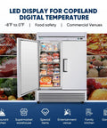 54 Inch Stainless Steel Upright Double Door Commercial Freezer Frost Free 49 Cu Ft Reach In For Restaurant Garage Or Industrial Kitchen With Cubigel Compressor And Energy Savings Up To 40 Percent open with various foods displayed