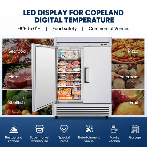 54 Inch Stainless Steel Upright Double Door Commercial Freezer Frost Free 49 Cu Ft Reach In For Restaurant Garage Or Industrial Kitchen With Cubigel Compressor And Energy Savings Up To 40 Percent open with various foods displayed