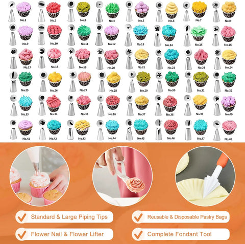 Assorted piping tips and cupcake designs in 701 Piece Cake Decorating Kit With Baking Supplies Turntable Piping Tips Leveler Pans Spatula Cake Boards And Frosting Tools For Pro Bakers And Beginners Alike Ideal For Rolling Out Fondant Layering Ganache And Creating Bakery Worthy Creations At Home
