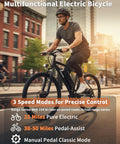 Mountain Electric Bike For Adults With 500W Peak Motor And Cadence Sensor 50 Mile Range 374Wh 36V 10400mAh UL 2849 Certified Battery 20 MPH Shimano 6 Speed 26 Inch Puncture Resistant Tires, rider on city street