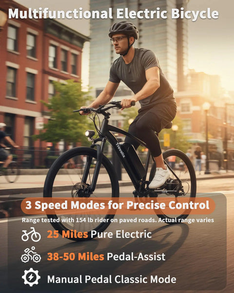 Mountain Electric Bike For Adults With 500W Peak Motor And Cadence Sensor 50 Mile Range 374Wh 36V 10400mAh UL 2849 Certified Battery 20 MPH Shimano 6 Speed 26 Inch Puncture Resistant Tires, rider on city street