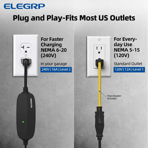 Level One Half EV Charger With 16 Amp Portable J1772 Electric Car Charger, outlet adapters for NEMA 6-20 and 5-15 shown.