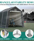 8 By 8 Outdoor Storage Shelter Shed Heavy Duty Tent with bike inside, gray canopy with roll up ventilated windows, steel frame.