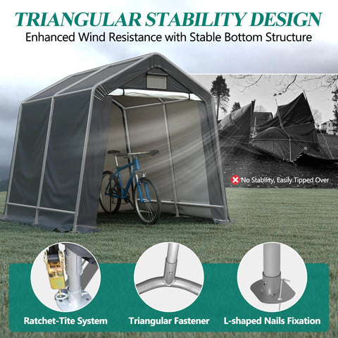 8 By 8 Outdoor Storage Shelter Shed Heavy Duty Tent with bike inside, gray canopy with roll up ventilated windows, steel frame.
