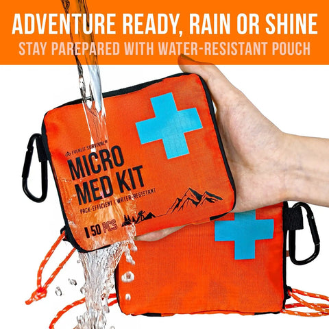Person holding water-resistant UltraLight Mini First Aid Kit Three Pack For Hiking Camping And Travel Ultralight Water Resistant Medical Kit For Outdoor Adventures Pack Efficient Emergency Kit For Shareable Use.