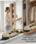 Heavy Duty 2 Pack Sliding Door Rollers Built Like A Tank Spring Loaded Pulleys No Skip Glide For Closet Shower And Patio Track Replacement 4.7X2.4 Inch with a woman using a sliding closet door.