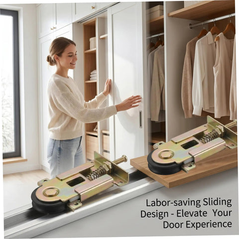 Heavy Duty 2 Pack Sliding Door Rollers Built Like A Tank Spring Loaded Pulleys No Skip Glide For Closet Shower And Patio Track Replacement 4.7X2.4 Inch with a woman using a sliding closet door.