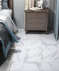 Bedroom with gray and white marble vinyl floor tiles peel and stick waterproof 12x12 inch 16 pack removable flooring