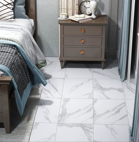 Bedroom with gray and white marble vinyl floor tiles peel and stick waterproof 12x12 inch 16 pack removable flooring