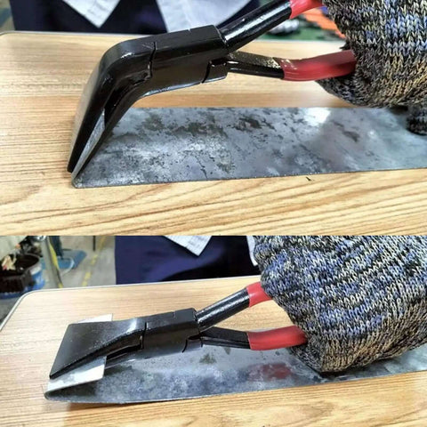 Pro Grade Metal Bending Pliers For Sheet Metal bending a metal sheet, showing smooth parallel jaws at 45 degree angle.