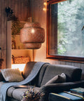 Hand Woven Bamboo Pendant Light 16 By 17 Inch Rattan Hanging Lamp with wicker basket shades in cozy living space