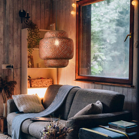 Hand Woven Bamboo Pendant Light 16 By 17 Inch Rattan Hanging Lamp with wicker basket shades in cozy living space