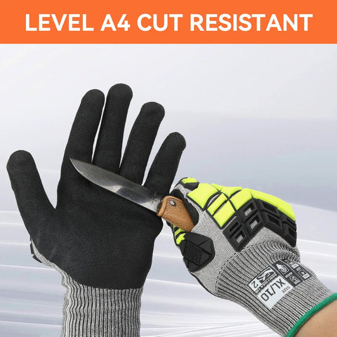Heavy Duty Work Gloves for Men and Women, Cut Resistant Non Slip Nitrile Grip, Impact Protection, Touch Screen Compatible, ANSI Level 4