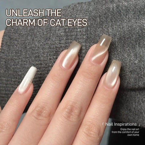 Close-up of manicured nails with cat eye effect using 3 In 1 Cat Eye Nail Magnet Kit for DIY Manicures, brown nail art.