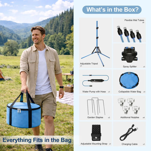 Man carrying Portable Outdoor Misting System with 30L Water Bag and Rechargeable Pump next to product box contents.