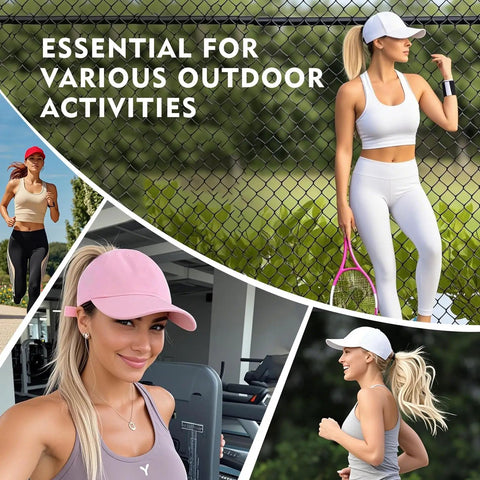 Women in UPF 50 Plus Ponytail Baseball Cap For Women White Size Small Medium running, playing tennis, and at the gym.