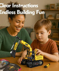 Child assembling 5 In 1 STEM Building Kit With Remote Control Excavator 555-Piece Engineering Toy For Kids Ages 6 To 14 with help.