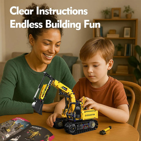 Child assembling 5 In 1 STEM Building Kit With Remote Control Excavator 555-Piece Engineering Toy For Kids Ages 6 To 14 with help.