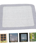 Self Adhesive Window Screen Repair Patch Kit For Quick Coverage And Strong Adhesion No Fuss Easy Stick On Patches For Door And Window Screens Fix Holes And Cracks With White Finish, white patch showing front view and installed examples