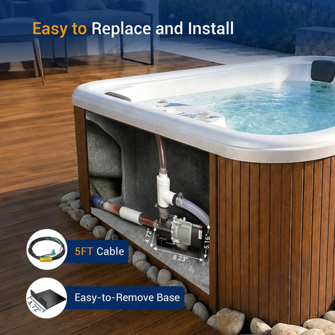 Slick Replacement Hot Tub Circulation Pump Delivers Smooth 5.8 Gpm Water Flow With An Efficient 1/25 Hp Motor And Standard 3/4 Inch Barb Fittings For No Sweat Spa Maintenance installed in hot tub cabinet with visible 5ft cable.