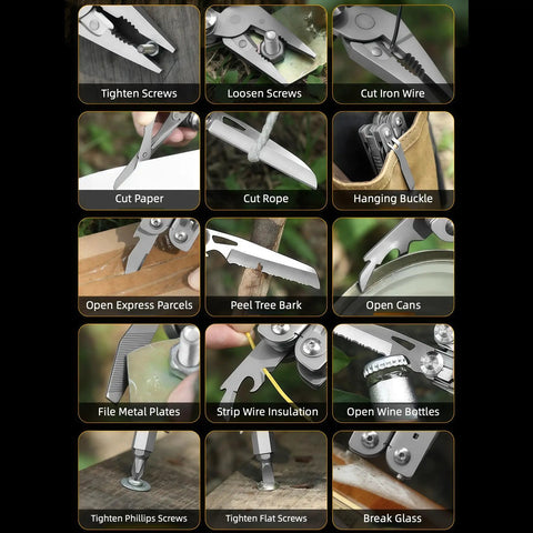 Everyday Carry Ready Eighteen In One Stainless Steel Multitool Pliers With 2CR13 Steel Convertible Bits shown in action with various tasks