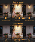 Built Tough Black Motion Sensor Outdoor Wall Light With Dusk Till Dawn Auto Sense and Built In Two Electrical Outlets For Plugging Yard Gear Weatherproof Plug Ready Lighting in Auto+ Mode showing detection area.