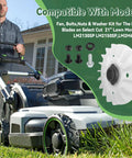 Beefed Up Replacement Hardware Kit For 21 Inch Dual Blade Lawn Mower Includes Fan Center Bolt Washers Lock Nuts And Blade Bolts Complete Set Fits LM2130SP LM2150SP LM2160SP And Similar E Go Power Plus Mowers shown with lawn mower on grass