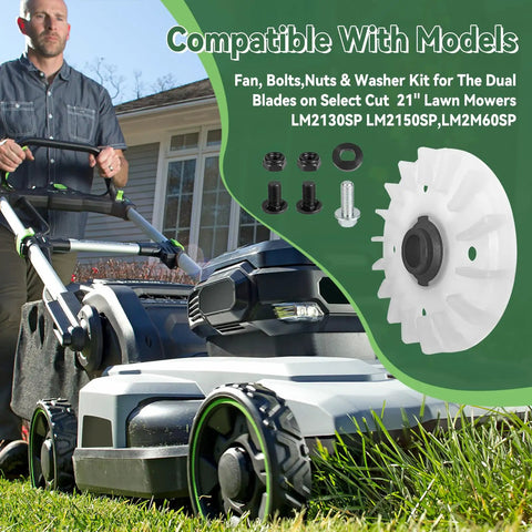 Beefed Up Replacement Hardware Kit For 21 Inch Dual Blade Lawn Mower Includes Fan Center Bolt Washers Lock Nuts And Blade Bolts Complete Set Fits LM2130SP LM2150SP LM2160SP And Similar E Go Power Plus Mowers shown with lawn mower on grass