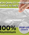Hand holding Pro Grade Aluminum Foil Sheet 12x10.75, pop-up design, high quality, sturdy and safe, 100% aluminum material
