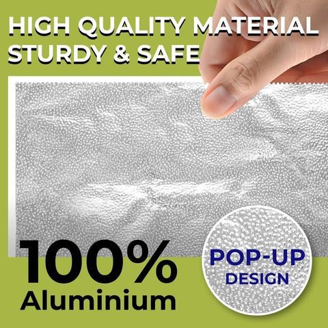 Hand holding Pro Grade Aluminum Foil Sheet 12x10.75, pop-up design, high quality, sturdy and safe, 100% aluminum material