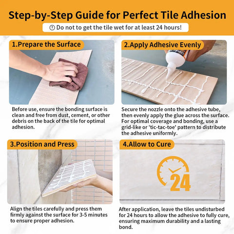 Step-by-step guide using Heavy Duty Tile Adhesive And Repair Glue 10.5 Ounce For Loose Ceramic Porcelain And Stone For Instant Bond On Hollow Floors And Walls With Non Sag Formula And Easy Squeeze No Mess Application on tiles