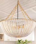 Five Light 20 Inch Boho Wood Beaded Chandelier For Dining Room And Living Spaces Dimmable Coastal Farmhouse Ceiling Light Fixture Bristol Style Bead Pendant Ceiling Light For Bedroom Hallway Entryway in kitchen setting