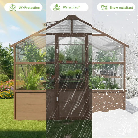 8x14 Ft Wooden Greenhouse For Outdoors With Walk In Design Polycarbonate Panels Lockable Door Roof Vent Heavy Duty Pine Frame