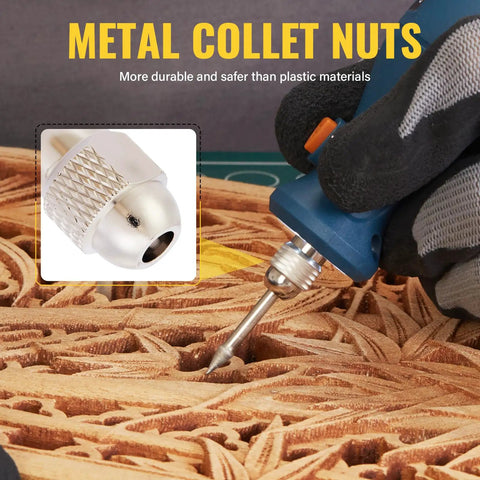 15-Piece Drill Chuck Collet Set For Dremel Rotary Tools 0.02in To 0.13in used on engraved wood with metal collet detail.