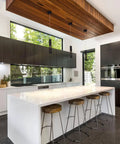 Must-Have Modern Sand Black Cylinder Pendant Light For Kitchen Island And Dining Room, fixtures over white counter.