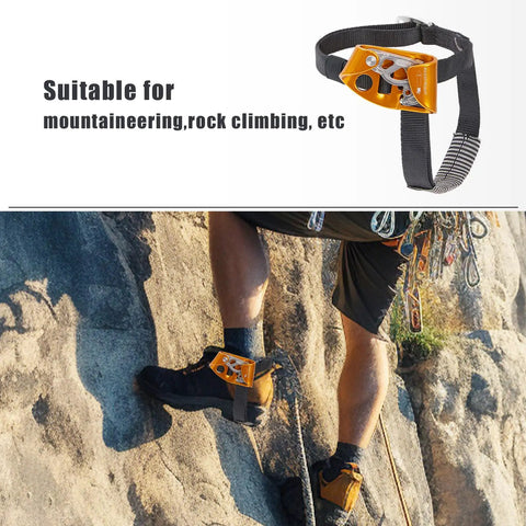 Foot Ascender Gear For Climbing And Rappelling Lightweight Aluminum Alloy With Left Black And Right Orange Handles in use on cliff