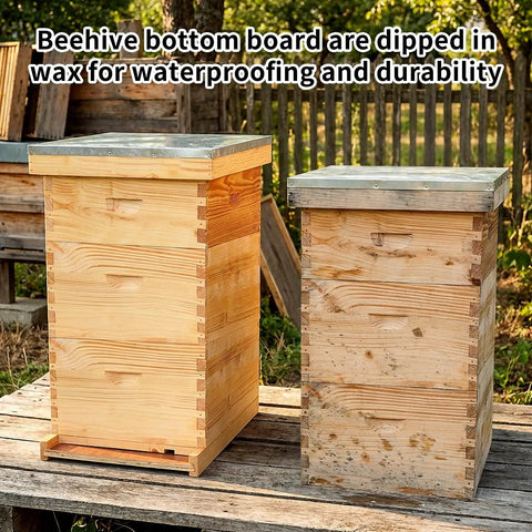 10 Frame Beehive Bottom Board with Entrance Reducer for Langstroth Hives solid pine beekeeping base shown outdoors