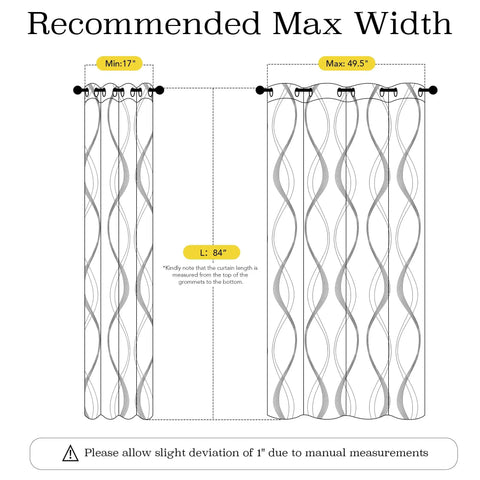 Diagram showing dimensions for Aqua Blue 100 Percent Blackout Curtain Panels With Wave Pattern 84 Inches Long 2 Pieces 52 Inches Wide