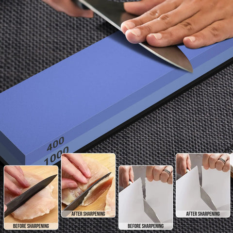 Person using Knife Sharpening Stone Set Pro Grade Four Sided Whetstone 400 1000 3000 8000 Sharpener Kit on knife blade.